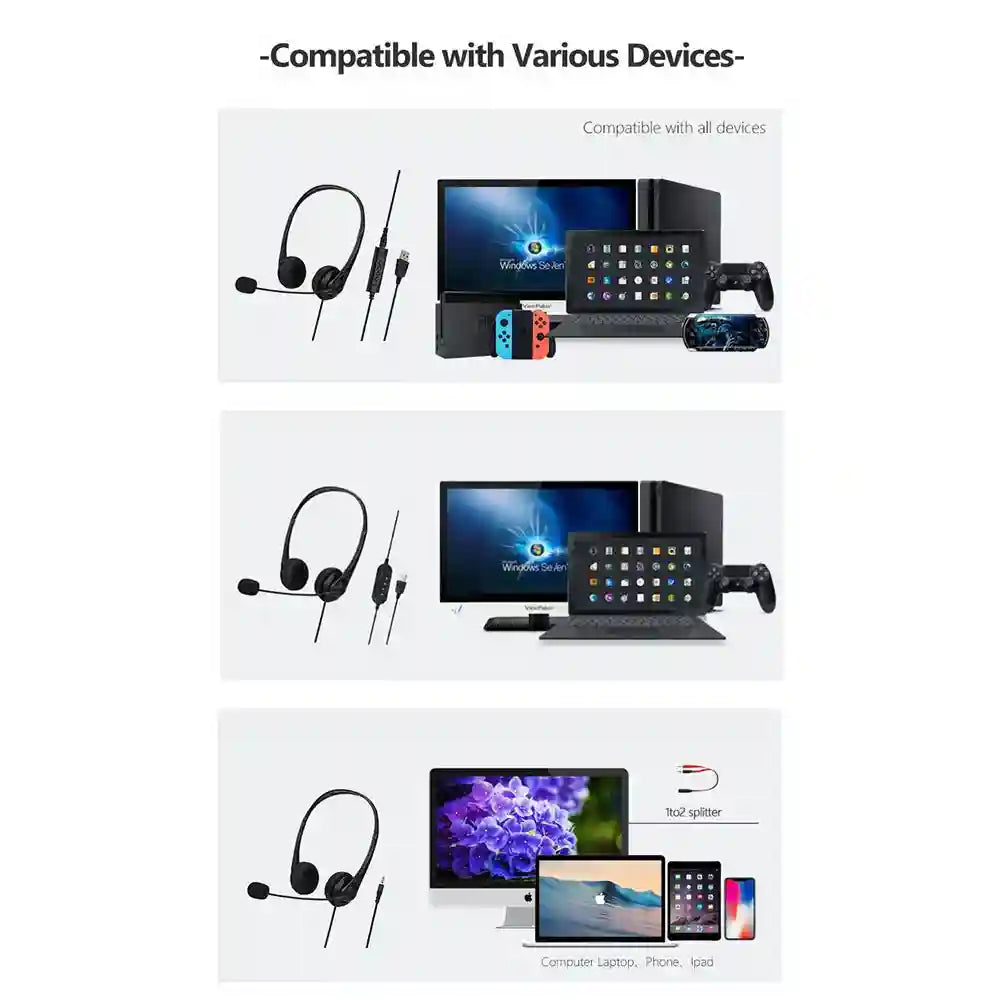 Computer Headset with Noise Cancelling Mic - USB & 3.5mm Options Tidesmit