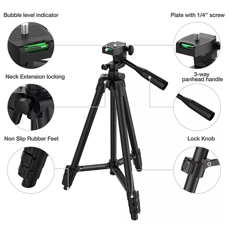 Black aluminum camera tripod with a 3-way panhead, bubble level, leg locks, and rubber feet for stable photography.