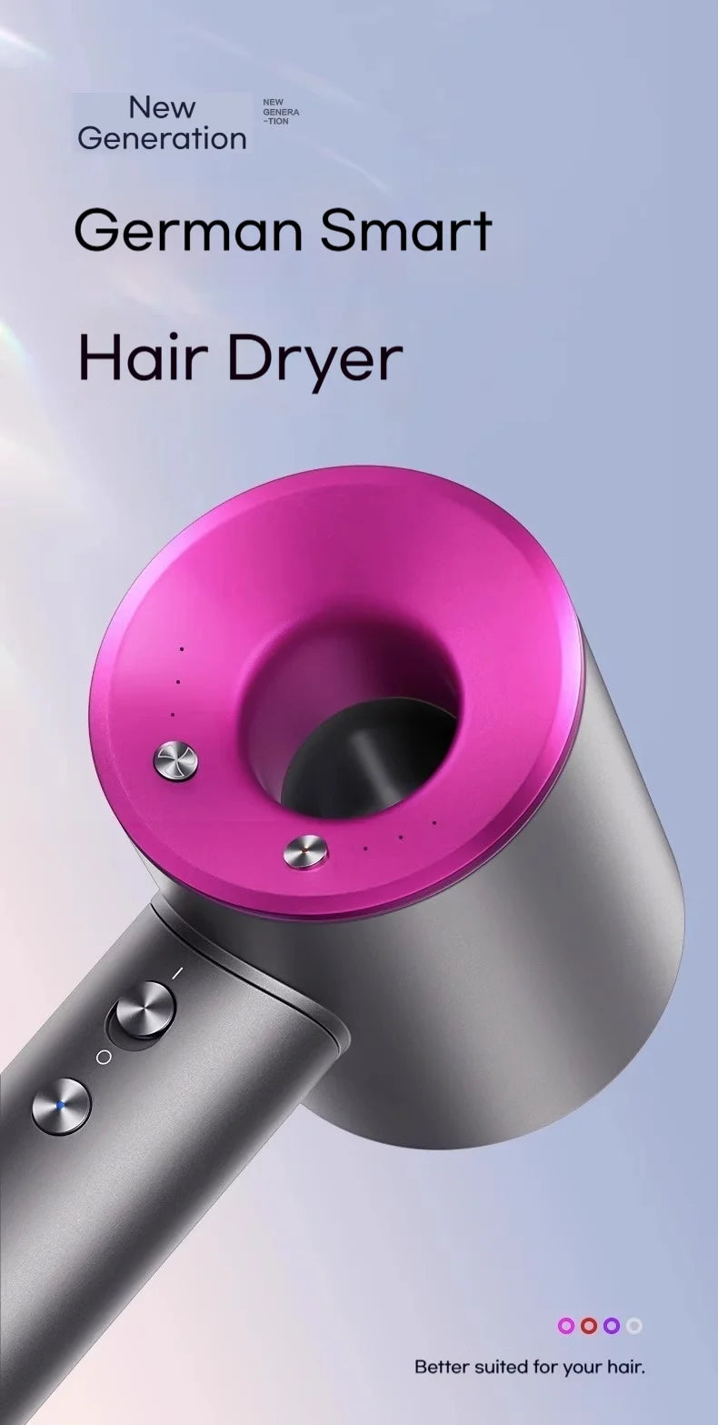 High-speed German smart hair dryer with magenta head, grey handle, and sleek, intelligent temperature control buttons.