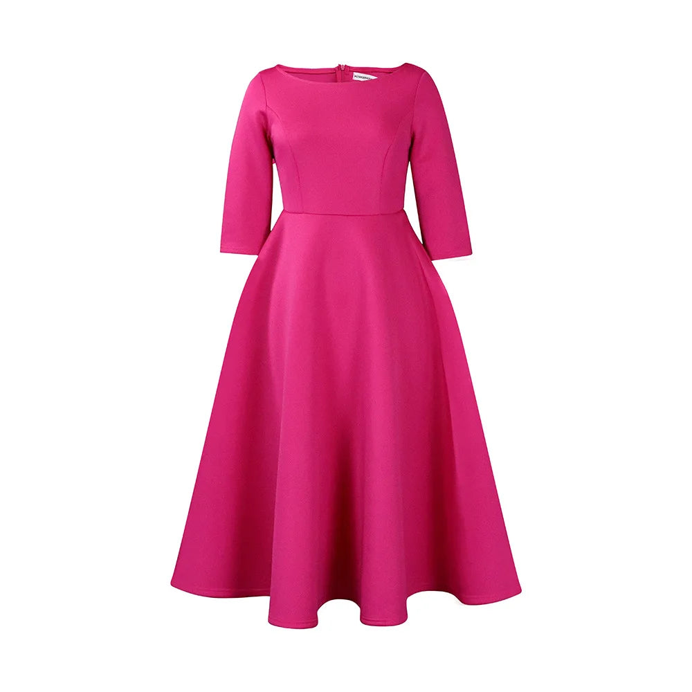Elegant Pure Color Maxi Dress Evening Gown A- Line Skirt Polyester Fabric round Neck Short Sleeve High Waist Midi Dress