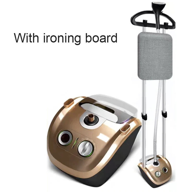 Garment steamer with ironing board, gray fabric pad, and gold base unit