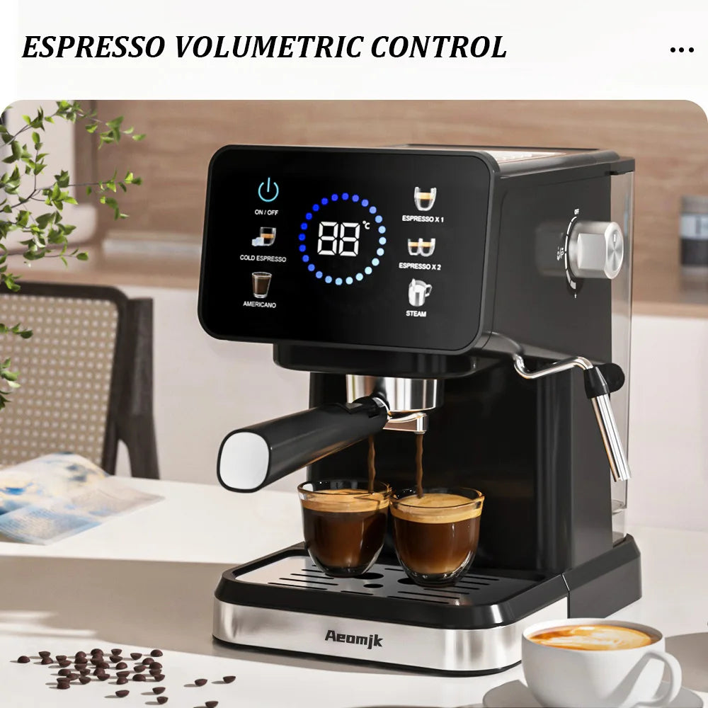Aeomjk black espresso machine with digital touch display, milk steam wand, and two glass cups brewing coffee.
