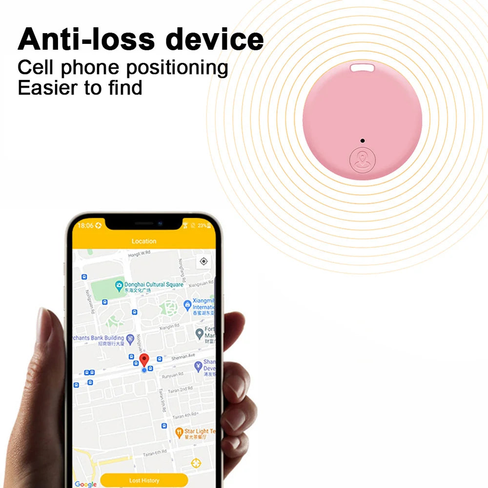 Pink mini Bluetooth GPS tracker for pets and keys. Smart finder device helps locate lost items via phone app map.