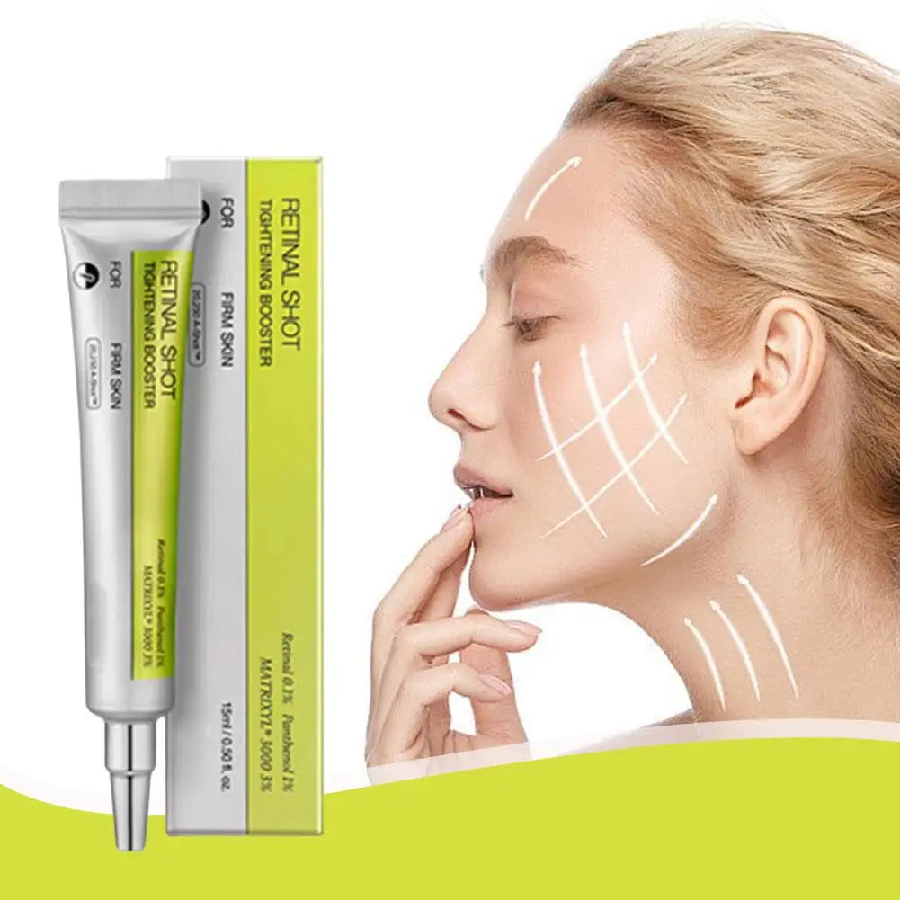 Retinol Shot tube and box with green branding, next to a profile of a woman with white lift-indicating arrows on skin.