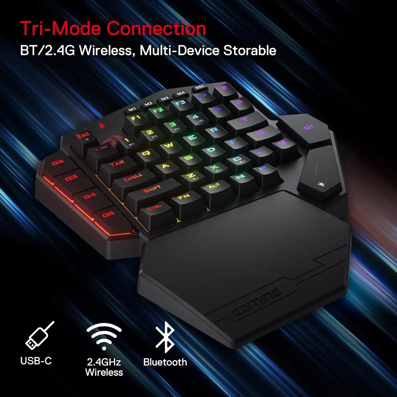 New Redragon K585 PRO Wireless One-Handed Mechanical Keyboard 42 Keys 2-Mode RGB 7 Onboard Macro Keys Detachable Wrist Support