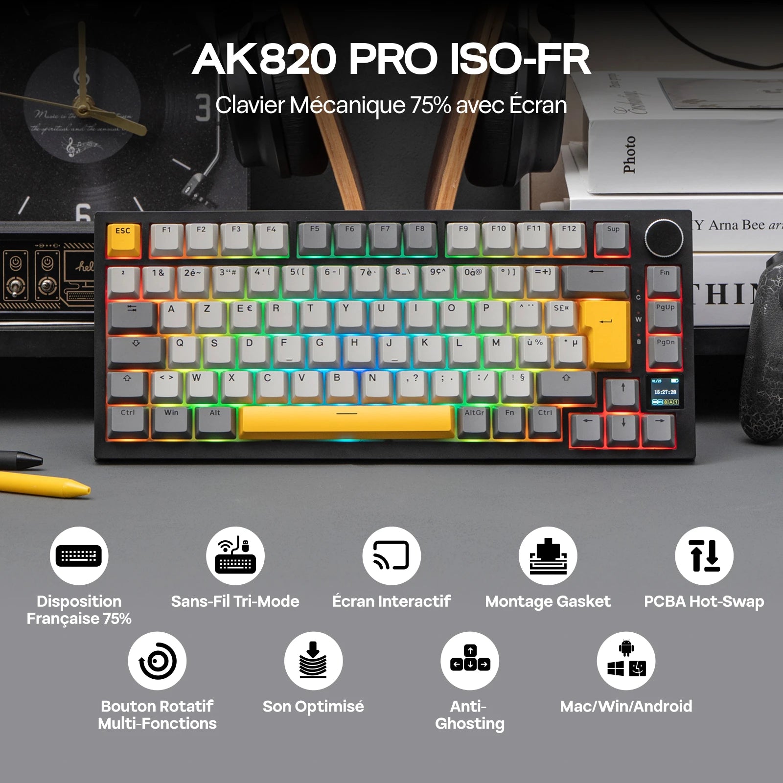 ISO-FR Layout EPOMAKER X AJAZZ AK820 PRO 75% AZERTY French Gasket Wired/Bluetooth/2.4GHz Wireless Mechanical Keyboard with Interactive TFT & 4000mAh