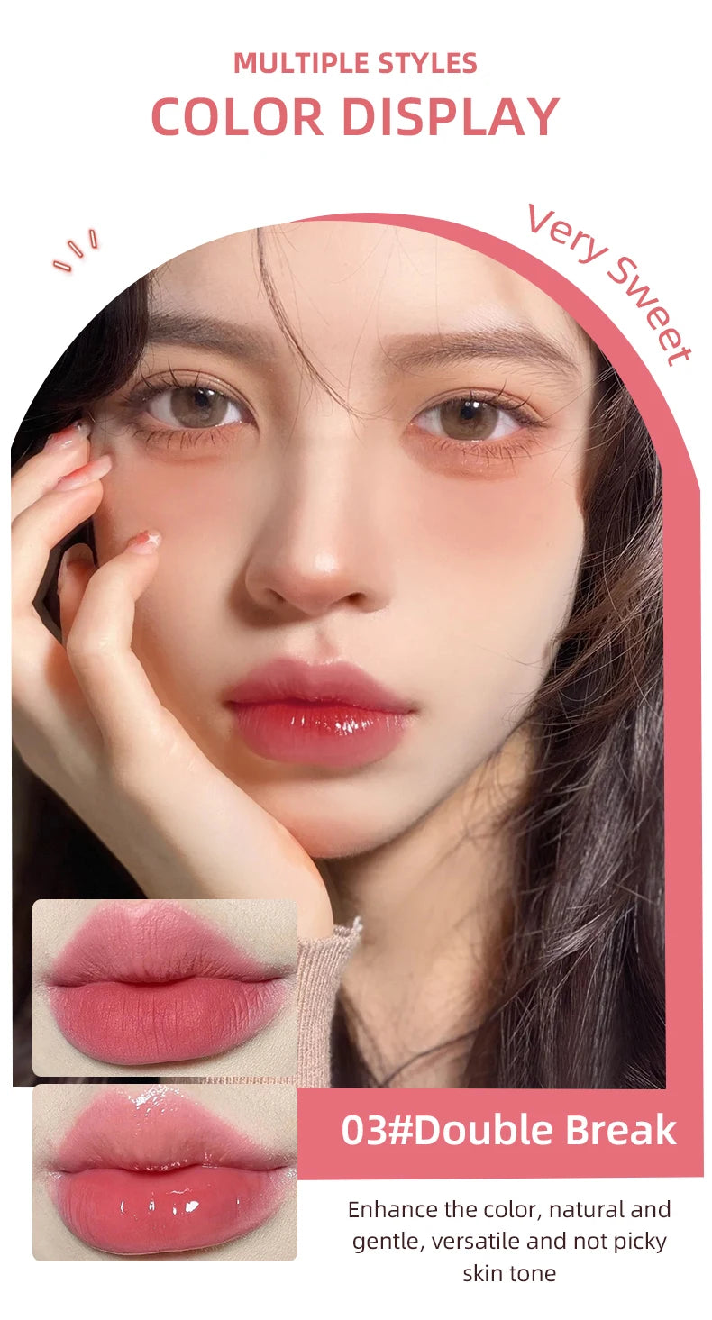 CACE double head lip gloss, 03 Double Break shade, featuring matte and glossy mirror-finish liquid lipstick textures.