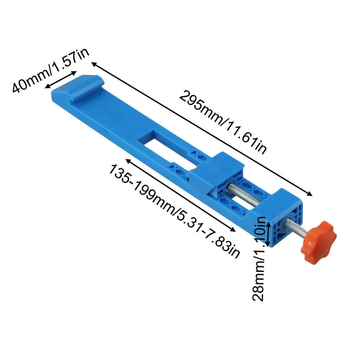 Blue edge guide rail with orange knob, dimension diagram for measuring setup