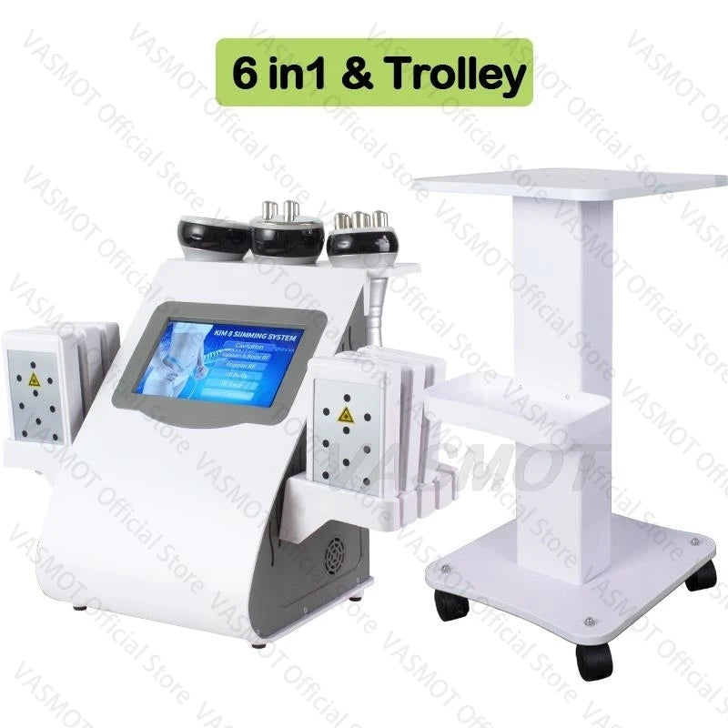 White 6-in-1 body slimming machine with laser pads and probe attachments on a matching two-tier rolling cart.