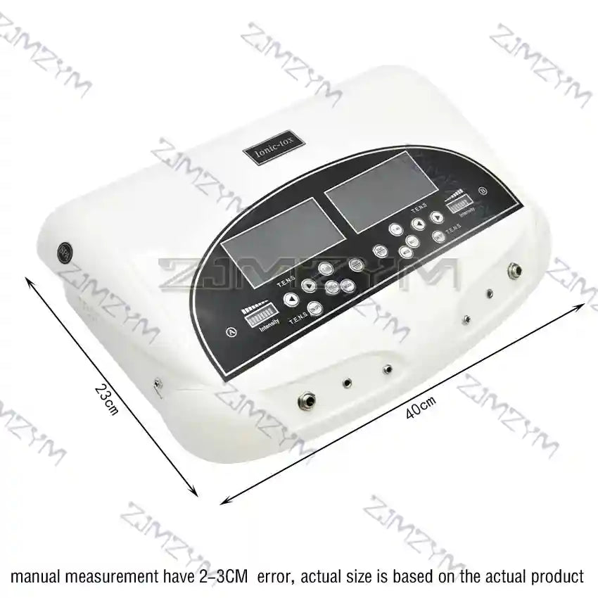 White dual ionic detox foot bath machine with TENS digital display and control panel for home spa and muscle massage.