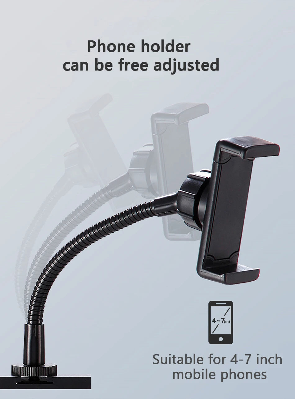 Black flexible gooseneck phone holder with a clamp base, designed for 4-7 inch mobile phones.