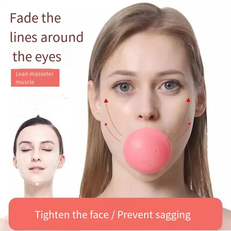 A woman using a round, pink silicone facial exercise tool held between her lips for lifting and toning.