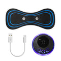EMS muscle stimulator patch, round digital controller with display, and USB charging cable for muscle relief.