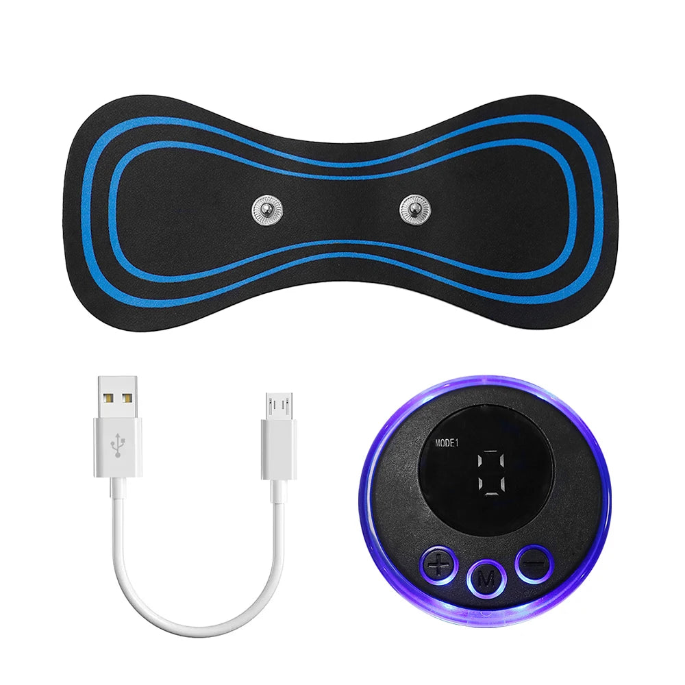 EMS muscle stimulator patch, round digital controller with display, and USB charging cable for muscle relief.