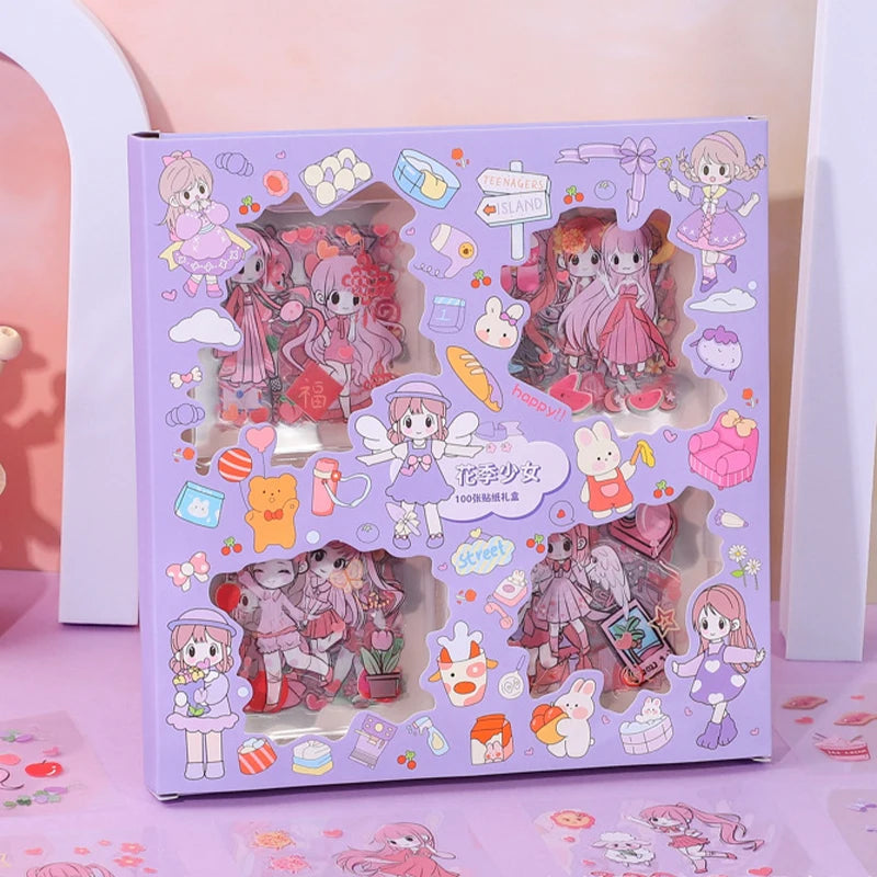 Kawaii PET cartoon sticker set in purple gift box for DIY scrapbooking, journaling, and cute stationery decoration.