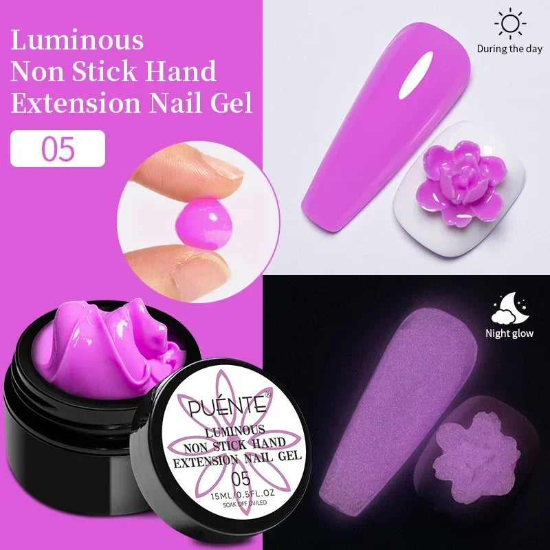Purple non-stick nail extension gel in a 15ml jar for sculpting nails, glows in the dark.