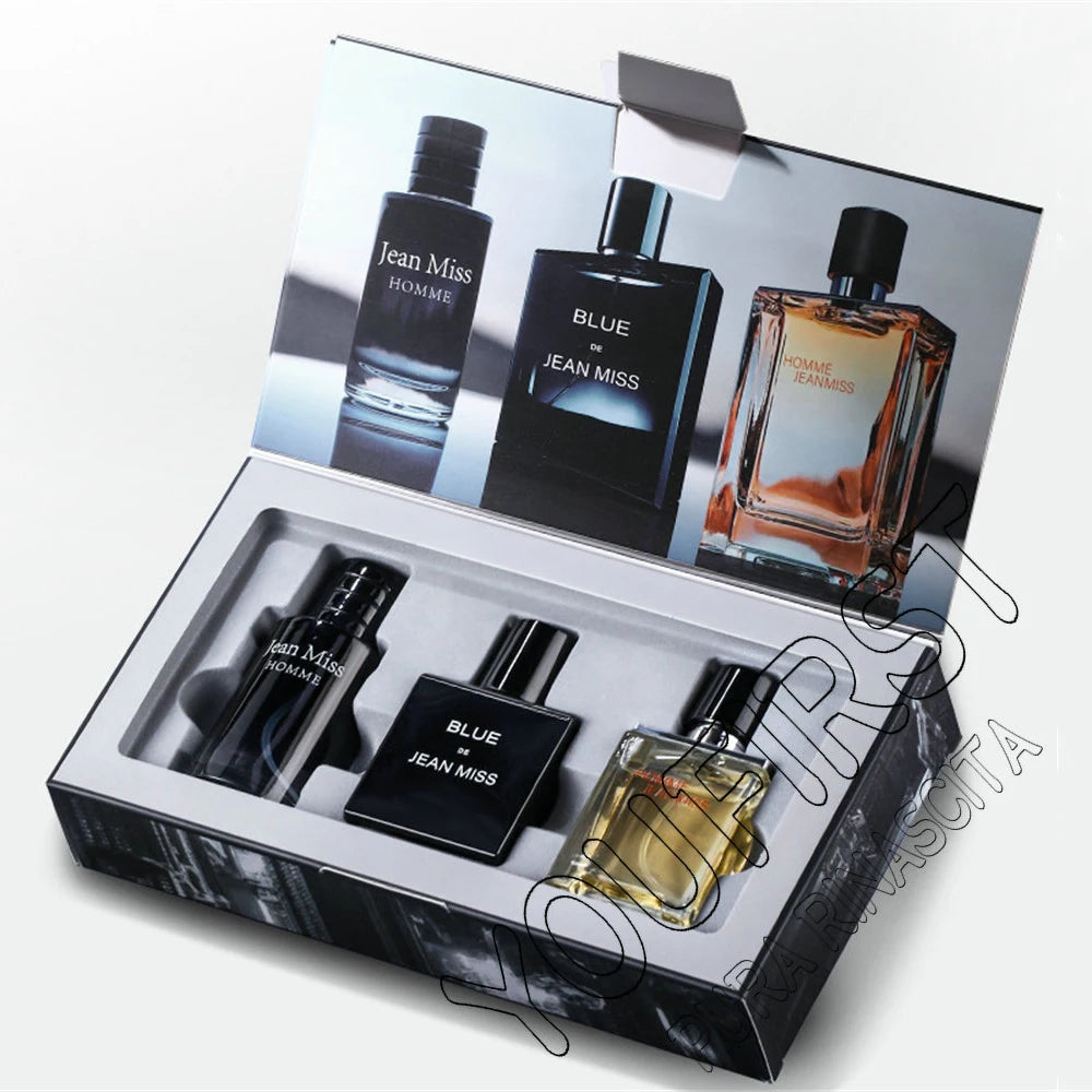 Jean Miss 3-piece men's cologne gift set, 90ml bottles, square and cylindrical glass fragrance bottles, lasting scent.