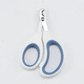 Professional stainless steel cat and dog nail clippers with comfortable white and blue grip for safe, easy pet grooming.