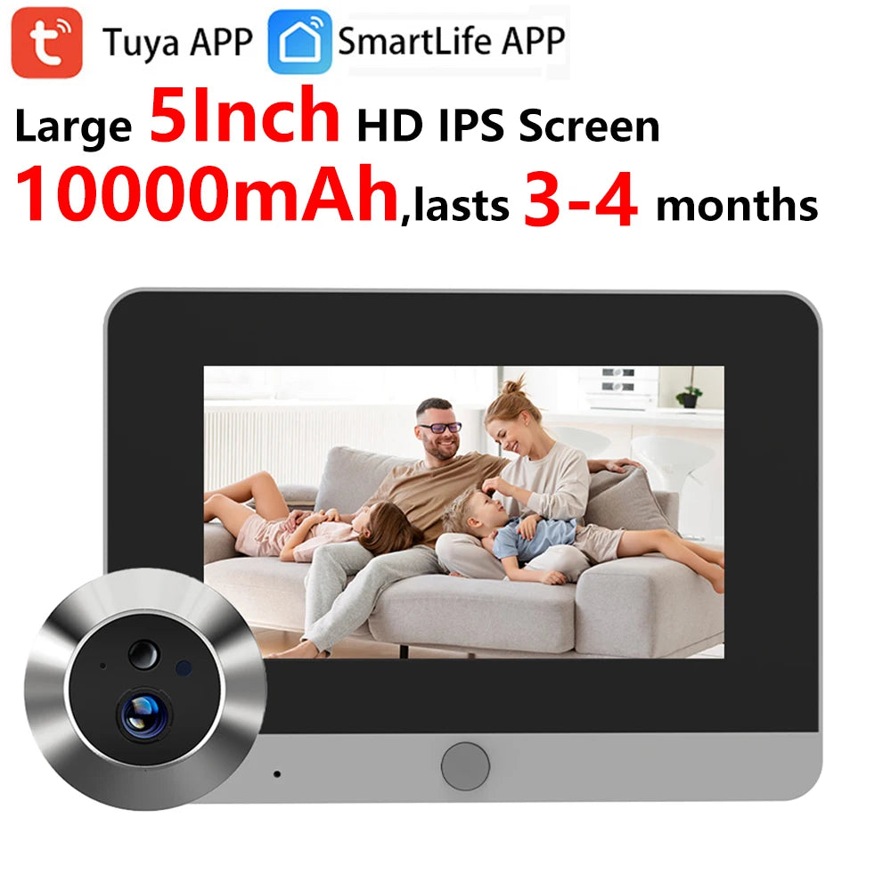 Tuya Smart 2MP 5Inch Screen Mini Digital Peephole Eye Viewer WiFi IR PIR Motion Door Camera 10000mAh battery work 3-4 Months