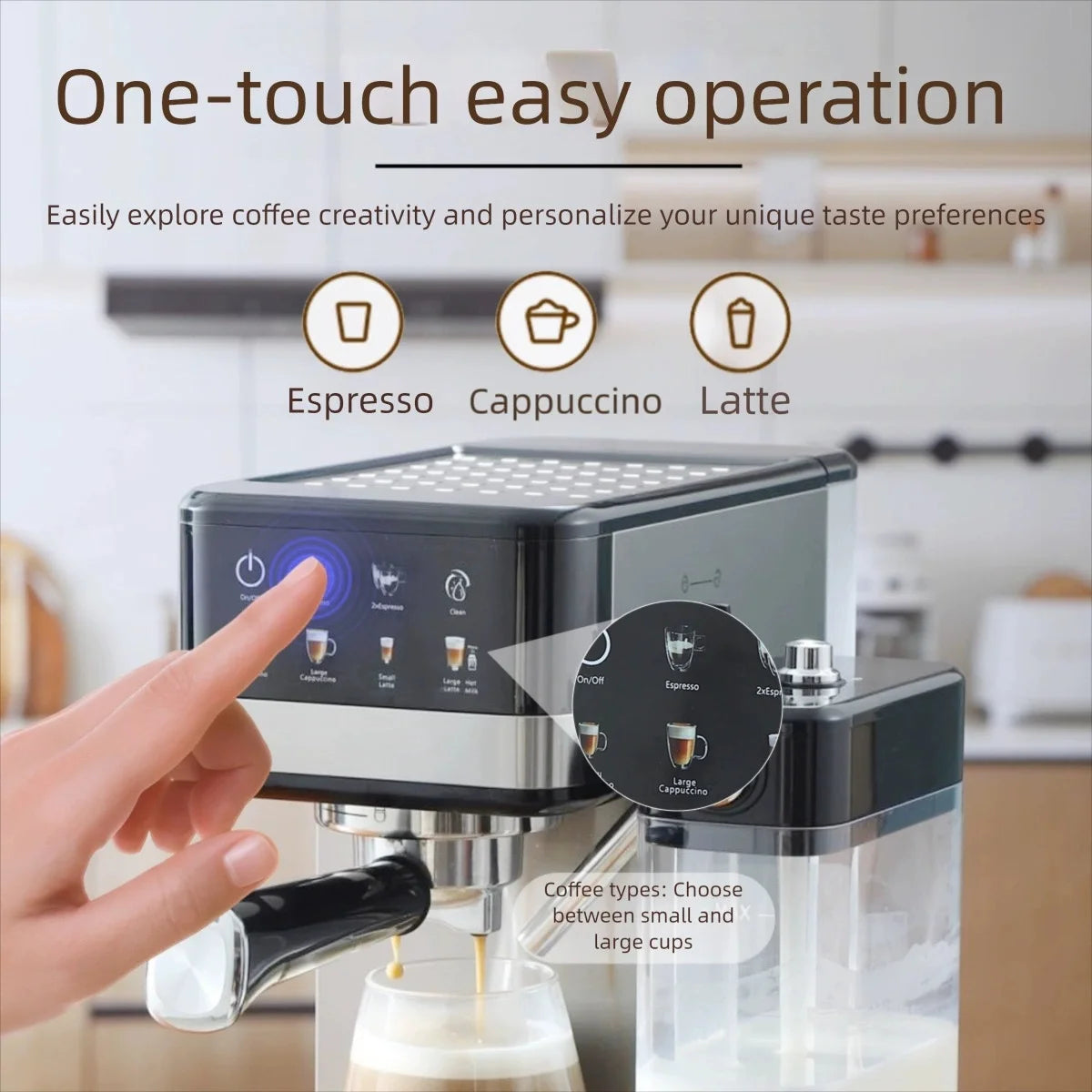 Black and stainless steel espresso machine with touchscreen for one-touch latte, cappuccino, and espresso brewing.