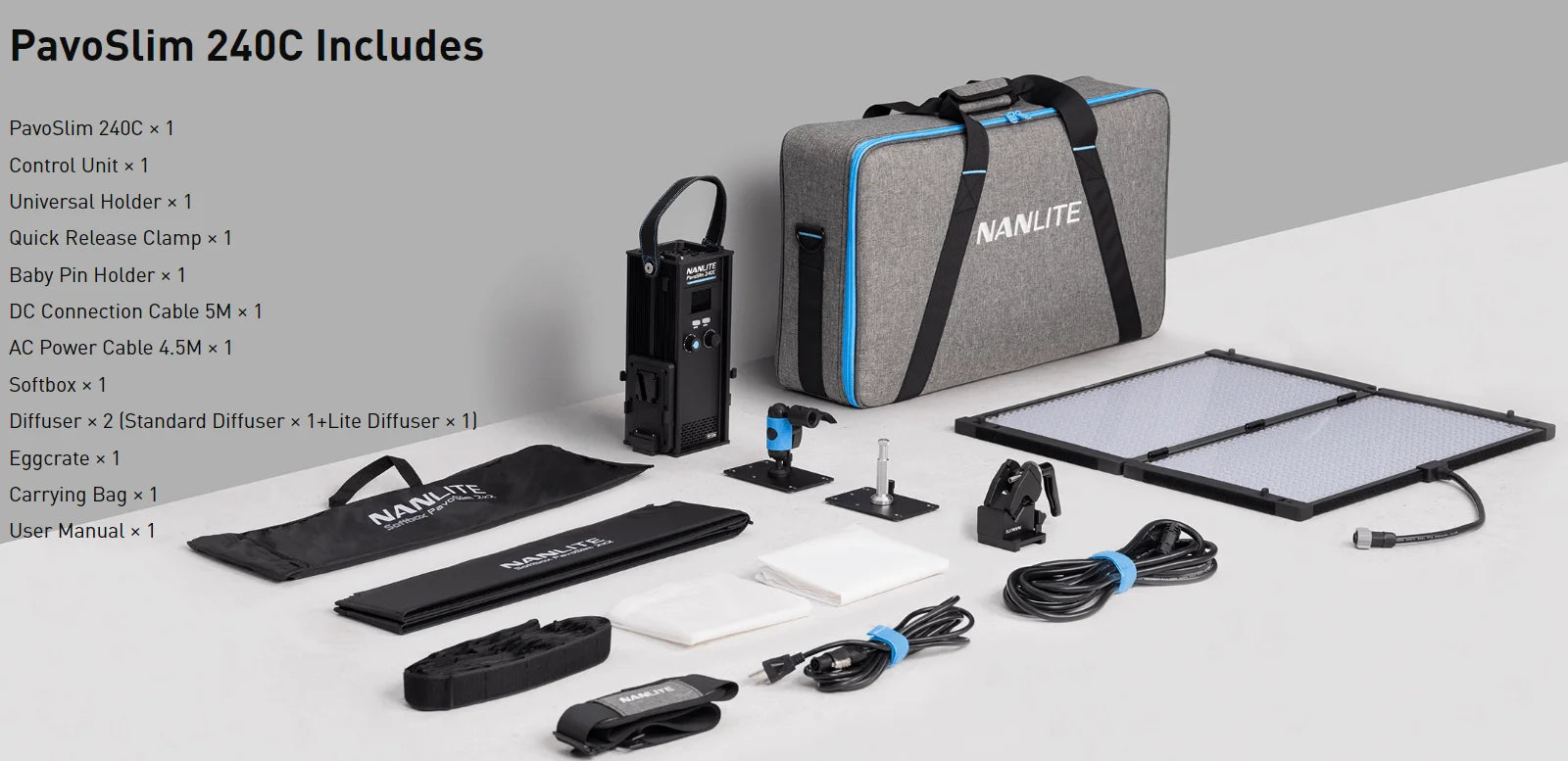 PavoSlim 240C LED light panel kit with control unit, softbox, diffusers, cables, mounting gear, and gray carrying case.