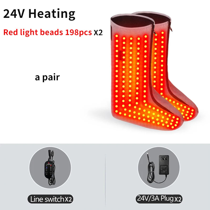 Pair of red fabric heating boots with integrated red light therapy beads, including a power switch and adapter.