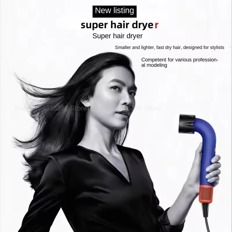 Blue negative ion leafless hair dryer with styling attachment, lightweight professional tool for fast, smooth drying.