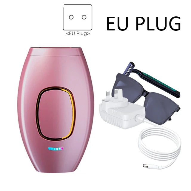 Pink painless IPL laser hair removal device for home use with EU plug, razor, and protective goggles.