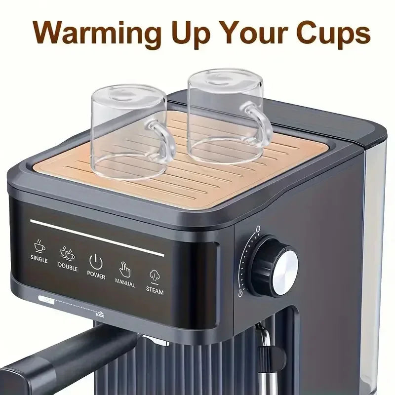 Black espresso machine with integrated cup warming tray, two glass cups, and digital touch control panel.