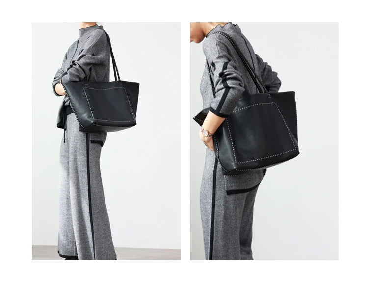 Women Large Capacity Genuine Leather Tote Soft Shoulder Bag