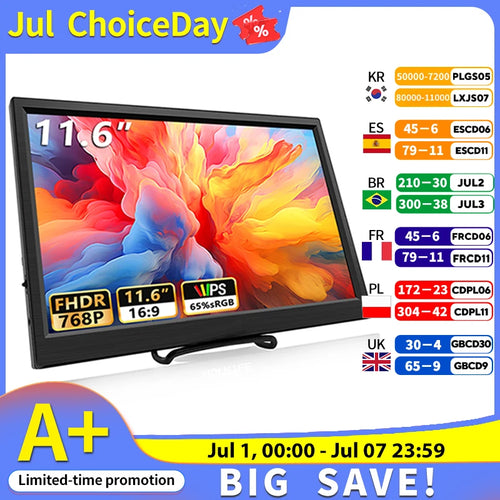 11.6-inch black portable monitor with thin bezels, IPS 768P display, and stand, shown with promotional sale codes.