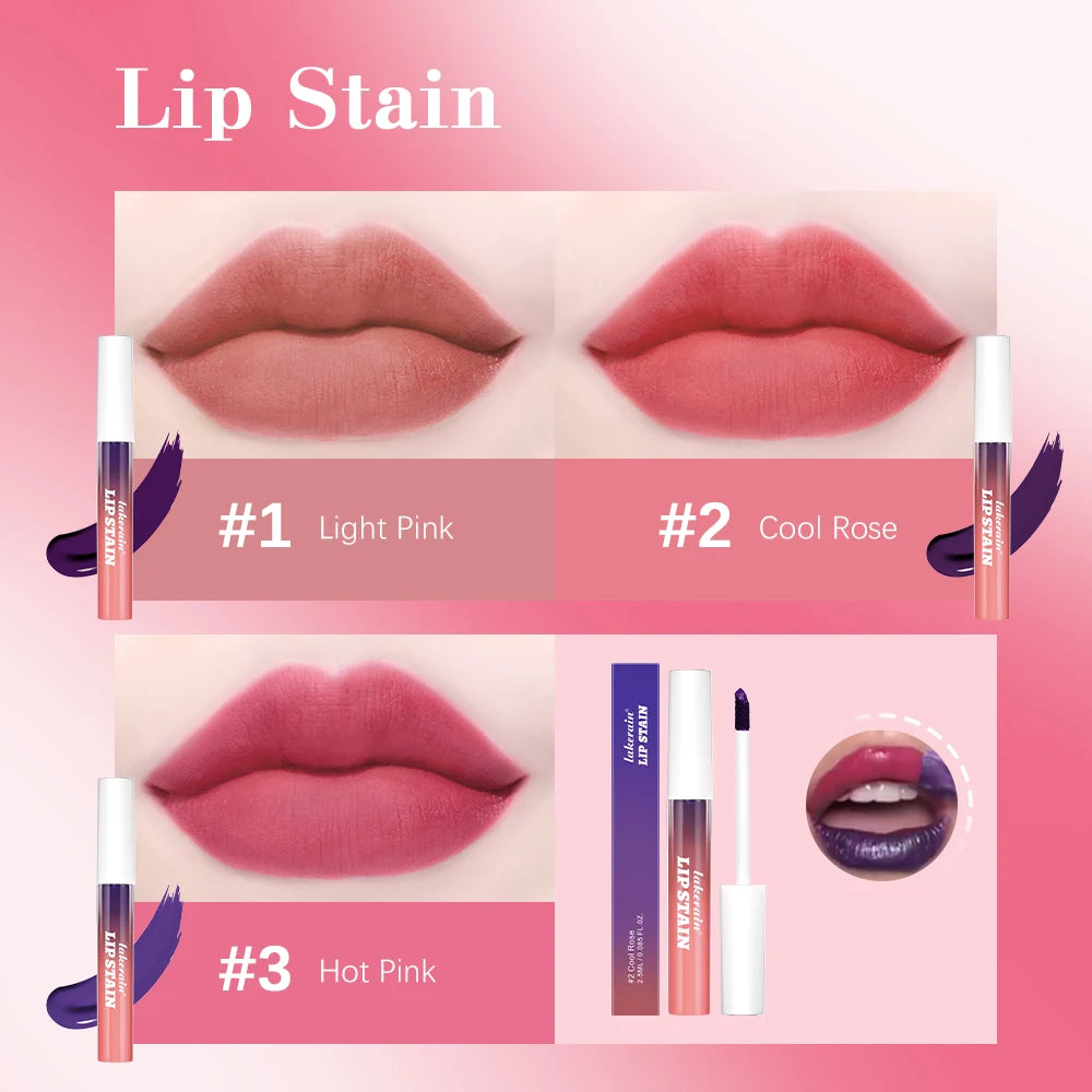 Long-lasting waterproof peel-off lip stain in Light Pink, Cool Rose, and Hot Pink matte transfer-proof colors.