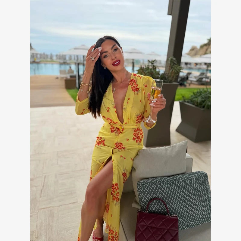 Fashion Sexy Organza Floral Printed Maxi Dress V-neck Puff Sleeve 2026 New Summer Romantic Women Party Gown Elegant Lady Vestido