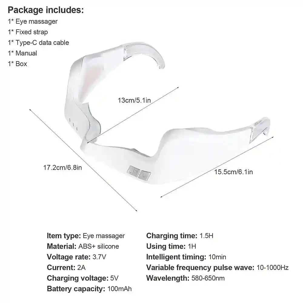 White electric under-eye massager glasses for eye fatigue relief with red light therapy and adjustable dimensions.