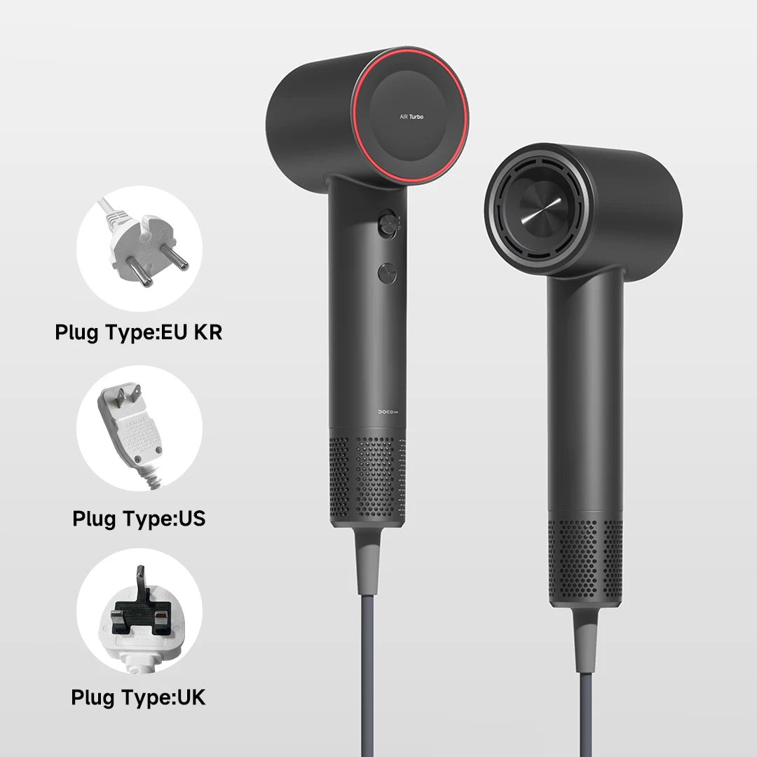DOCO high-speed negative ion hair dryer in matte black with interchangeable EU, US, and UK power plugs.