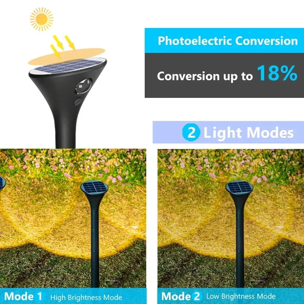 Black LED solar garden spotlight with a top-mounted solar panel and two brightness modes for outdoor pathways.