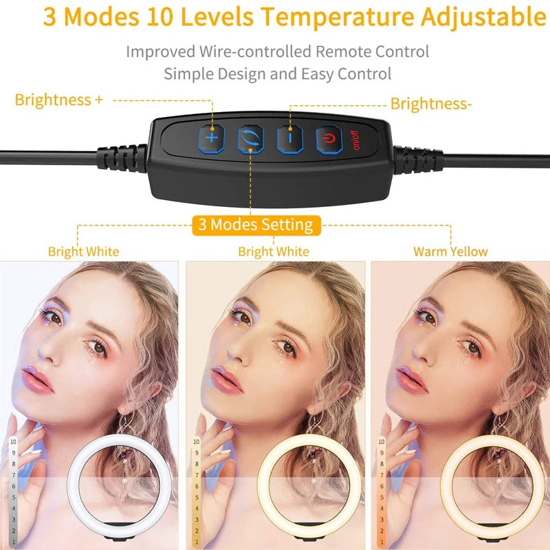 Black wired remote control with four buttons to adjust brightness and color temperature for a ring light.