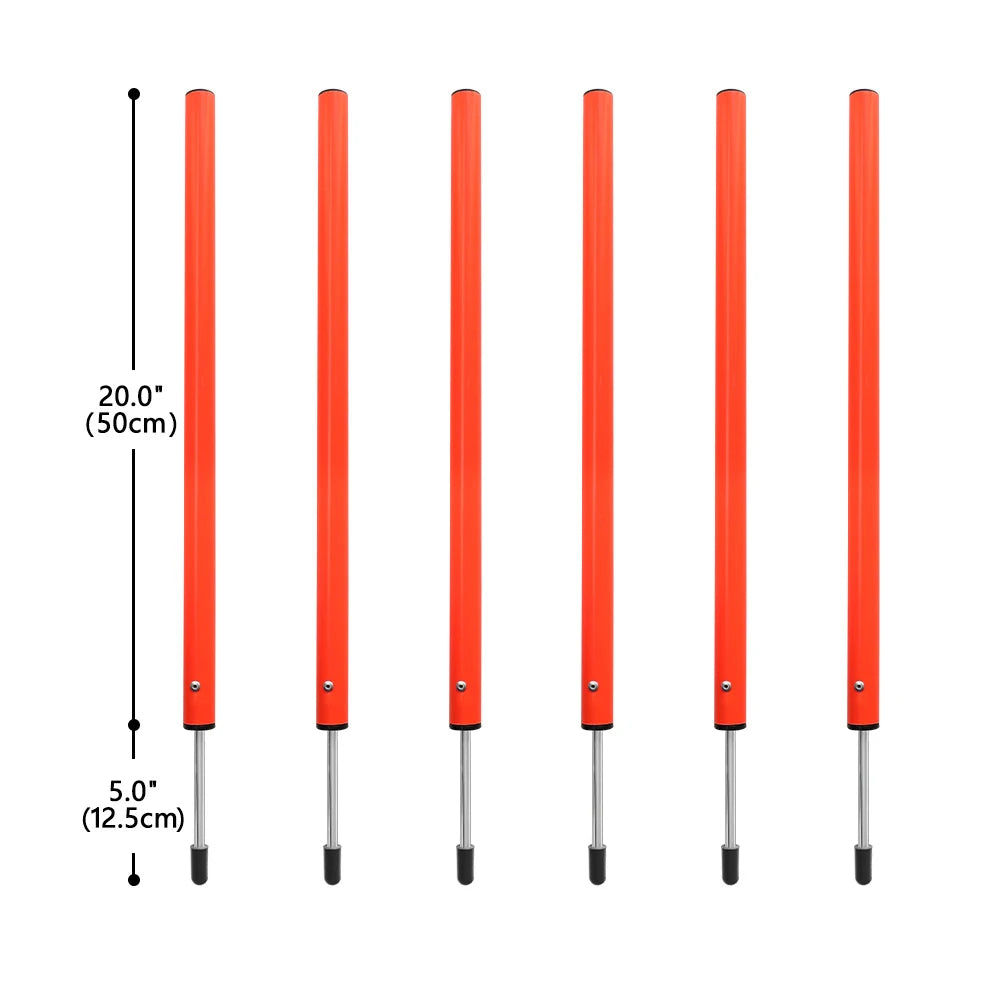 Orange 20-inch portable dog agility training stakes for outdoor running, jumping, and exercise sports drills.