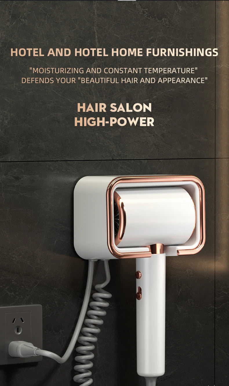 White and rose gold wall-mounted hair dryer with high-power motor and blue light technology for salon-quality care.