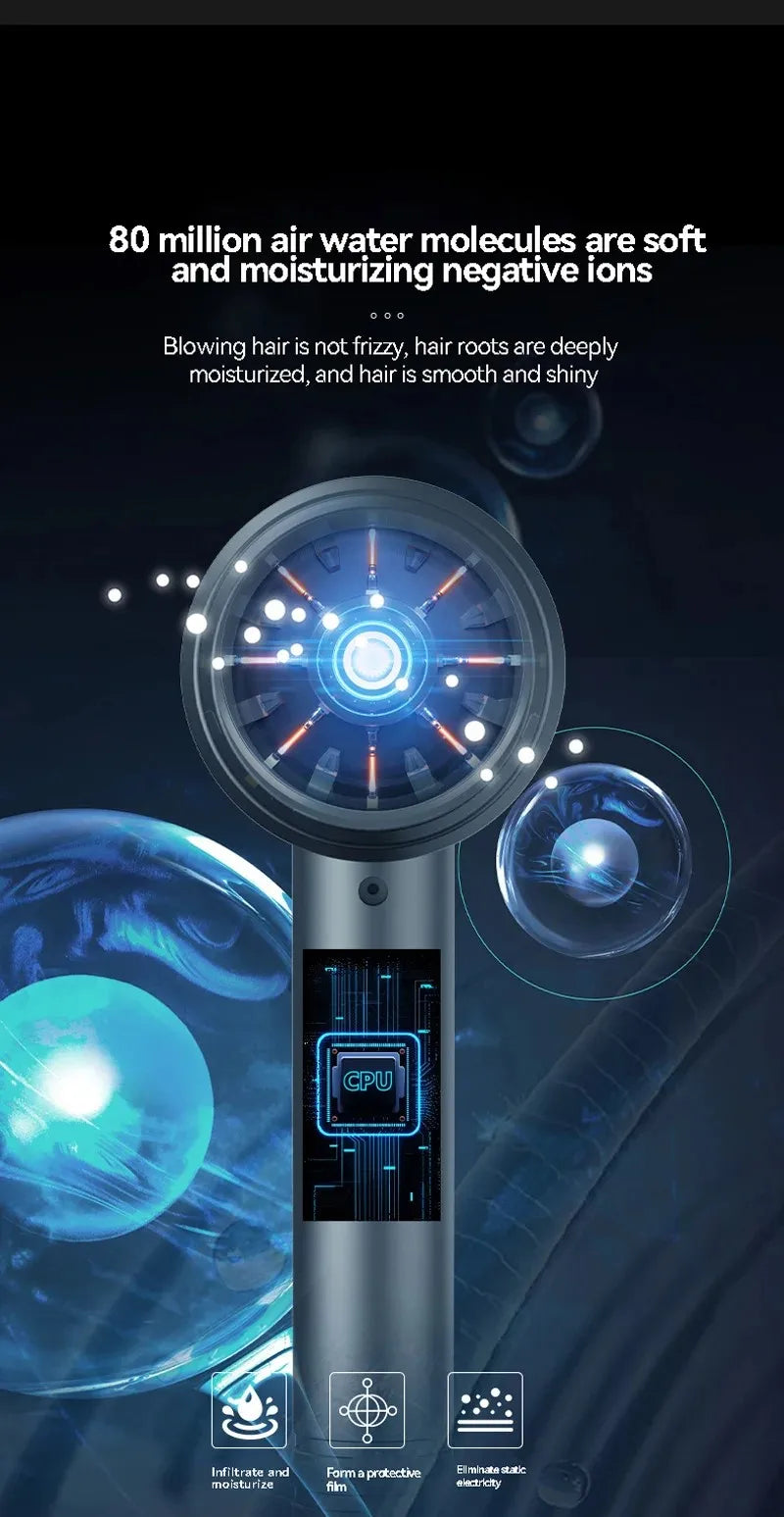 Grey high-speed ionic hair dryer with digital CPU display for professional salon-quality, anti-frizz drying at home.