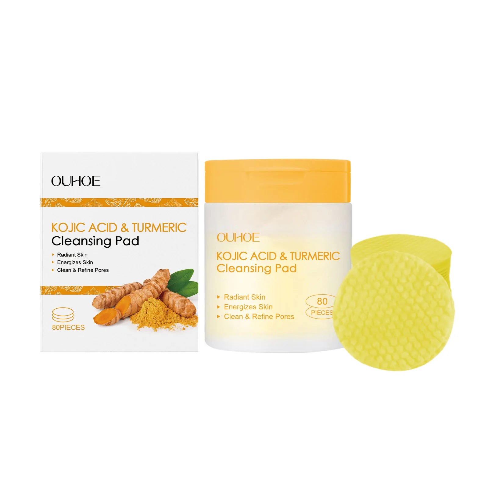 OUHOE Turmeric Kojic Acid Exfoliating Cleansing Pads Fade Dark Spot Oil Brightening Moisturizing Whitening Facial Sponges Cotton