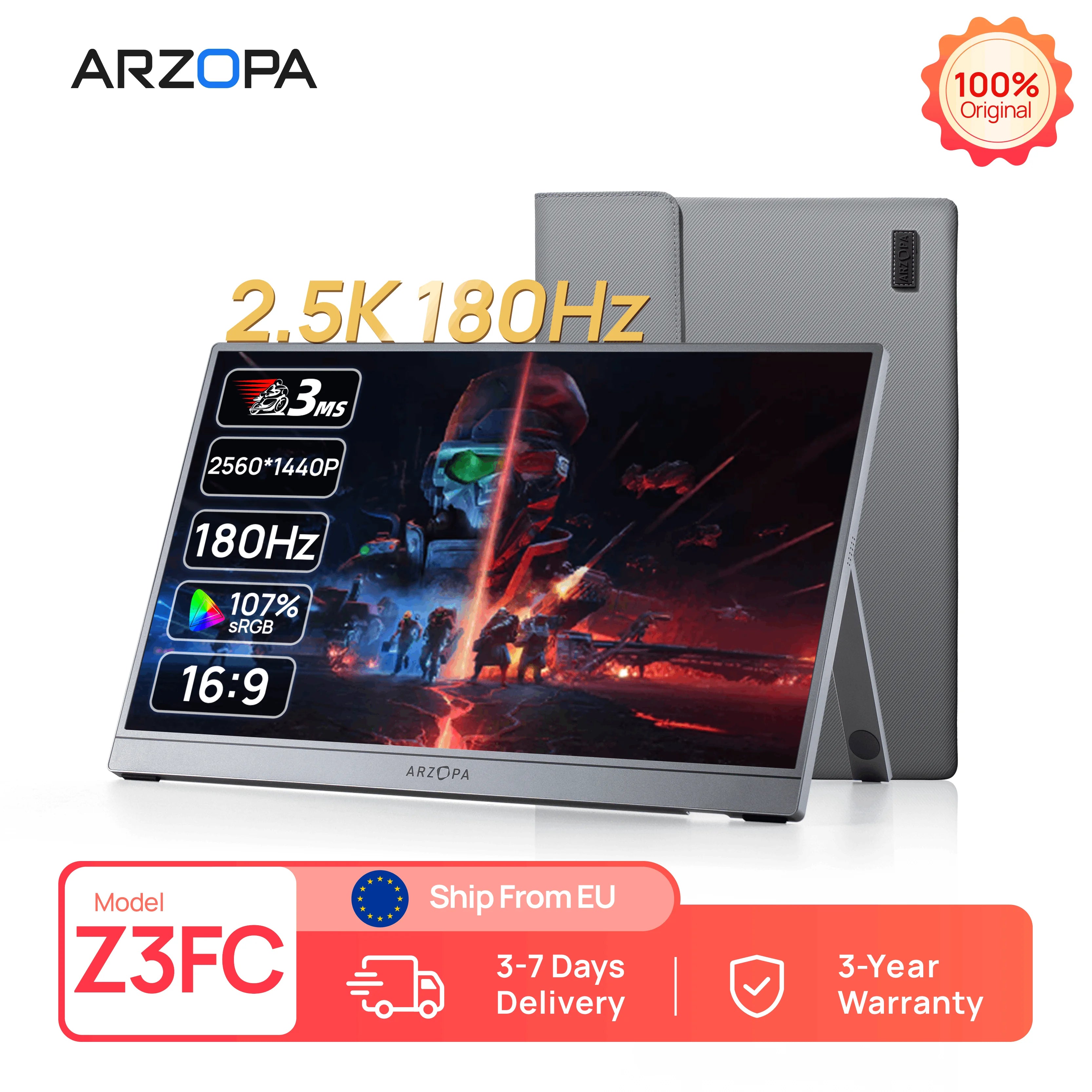 ARZOPA 16.1'' 180Hz 2.5K Portable Monitor, 2560x1440 QHD 107% sRGB, External Second Screen for Laptop, PC, PS5, Mac, Xbox-Z3FC