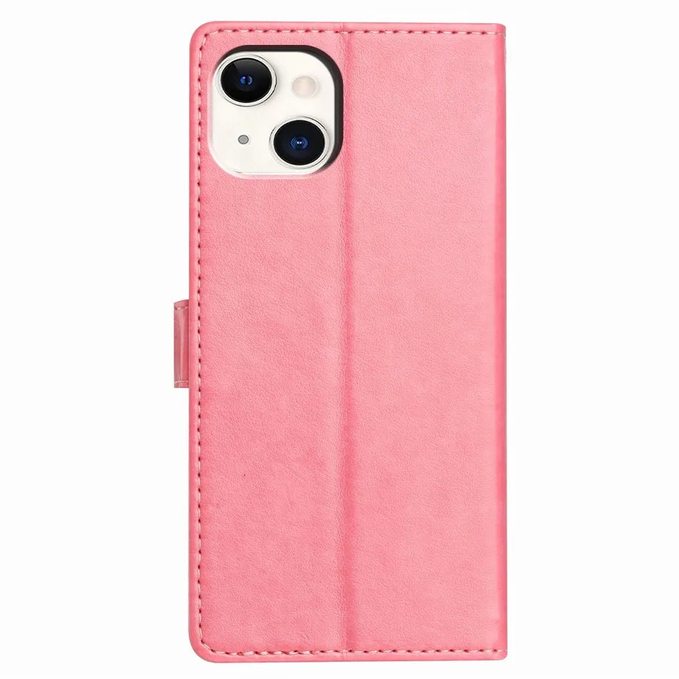 Pink faux leather wallet phone case with a rectangular folding design and camera cutout.