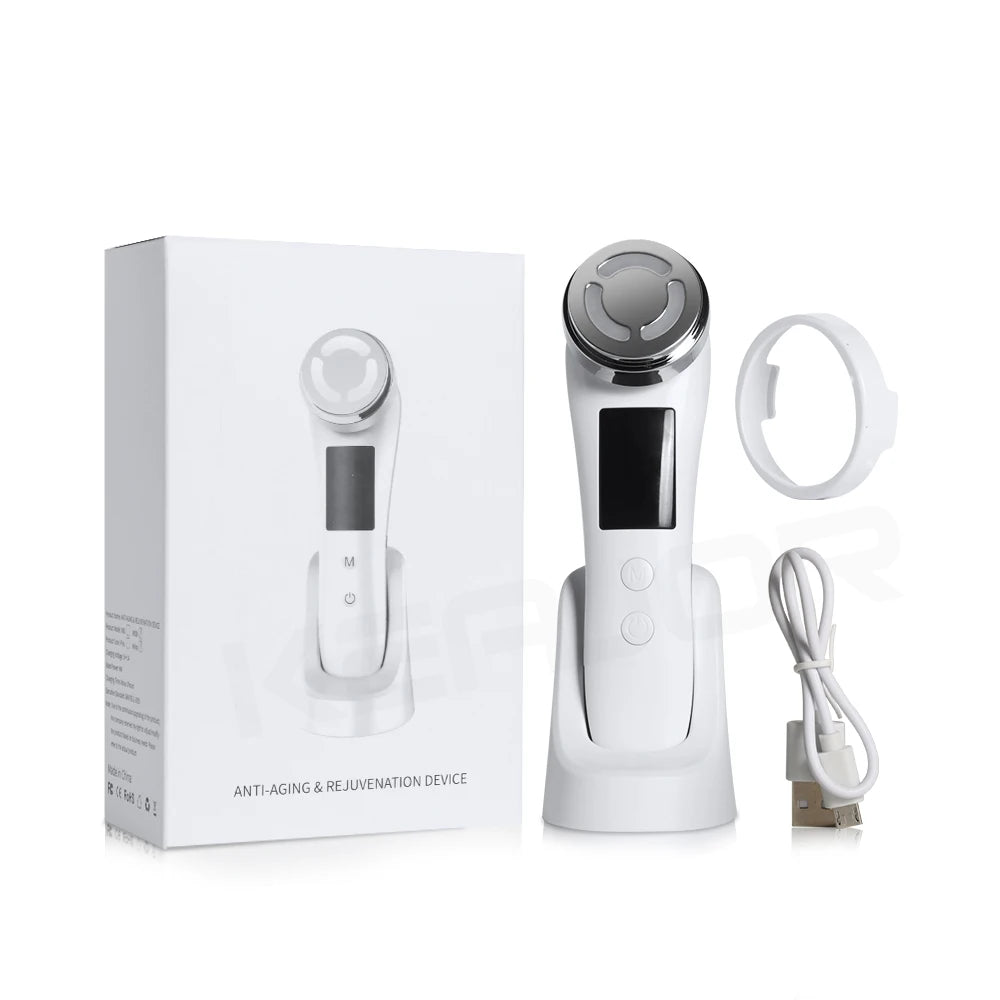 White handheld RF facial massager device with silver head, charging base, white ring, and USB cable next to product box.