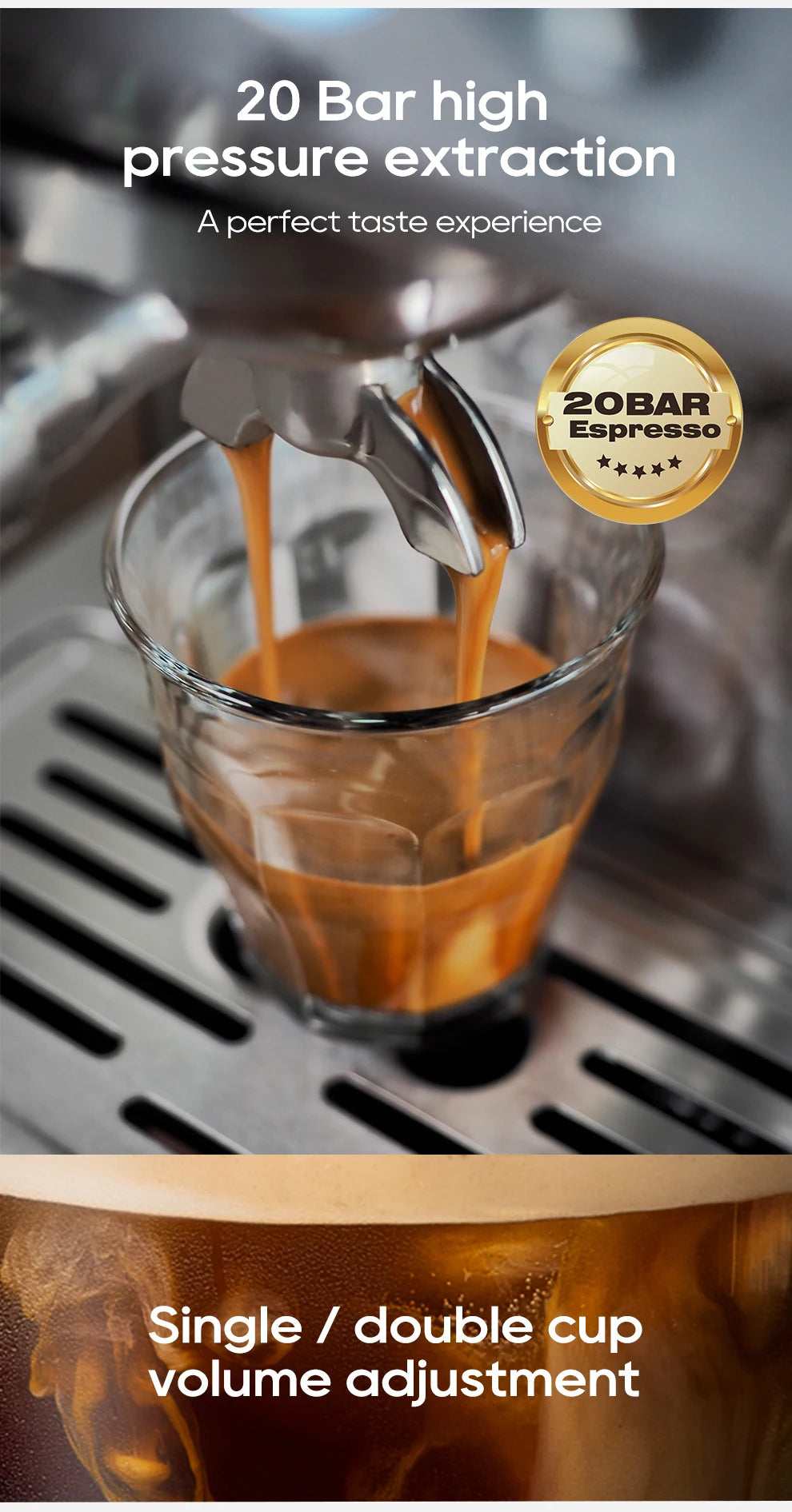 Stainless steel espresso machine brewing fresh coffee with 20-bar pressure into a small glass cup.