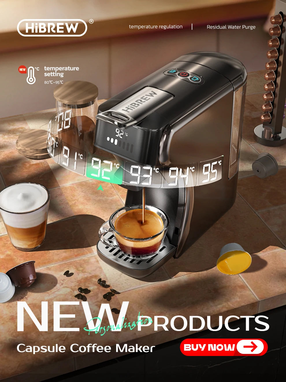 HiBREW black capsule coffee maker with digital temperature control and display, brewing espresso into a glass cup.