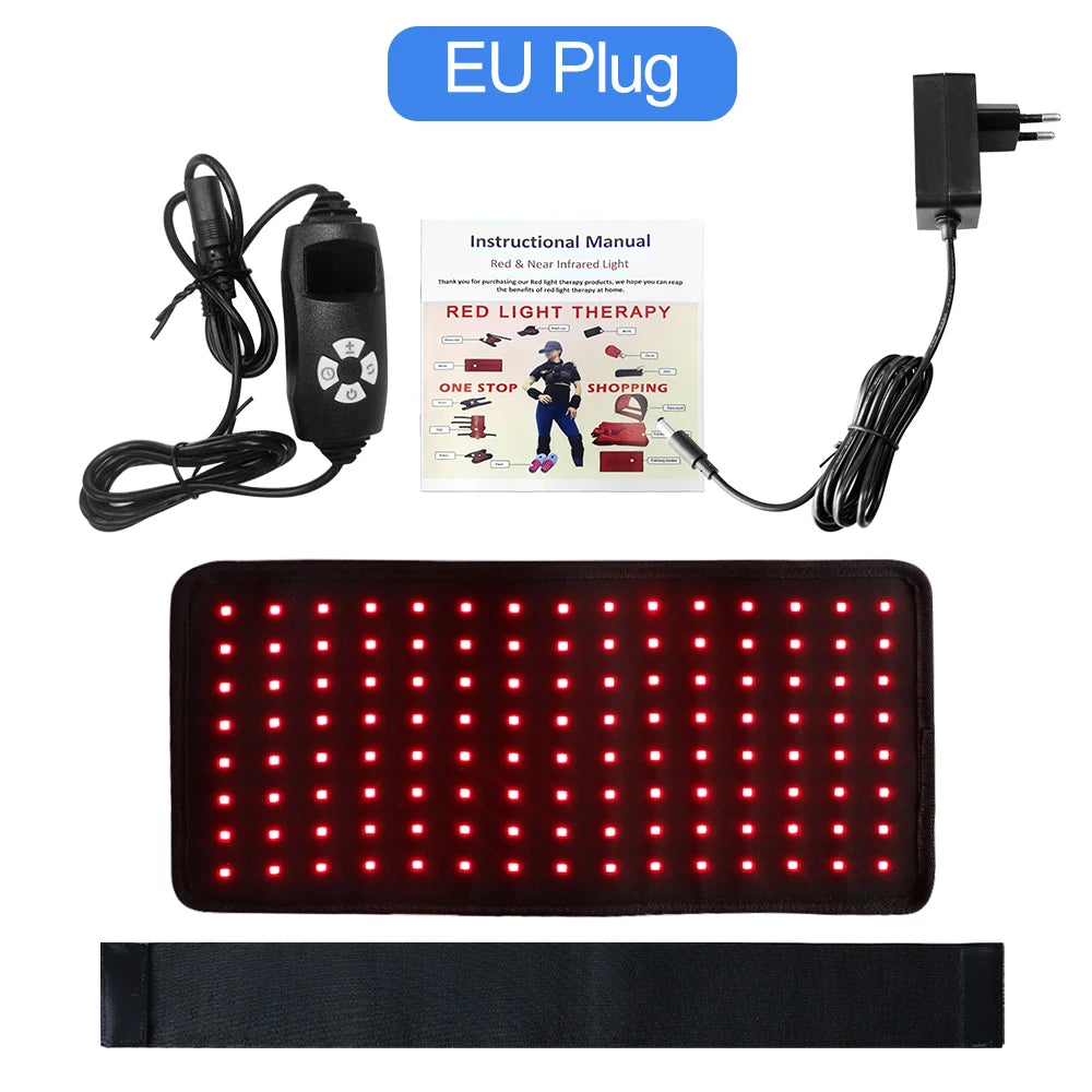 Red light therapy waist belt with 120 LEDs, EU plug, controller, and manual for pain relief and body shaping.