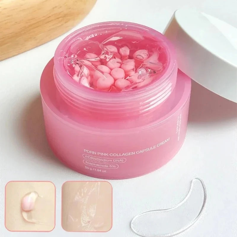 PDRN Pink Collagen Capsule Cream in a pink jar, containing pink beads suspended in clear gel for facial skincare.