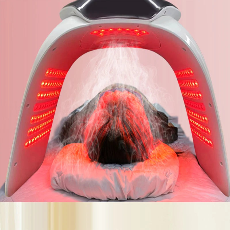 7 color LED facial mask with red light therapy and nano spray misting for professional skin rejuvenation at home.