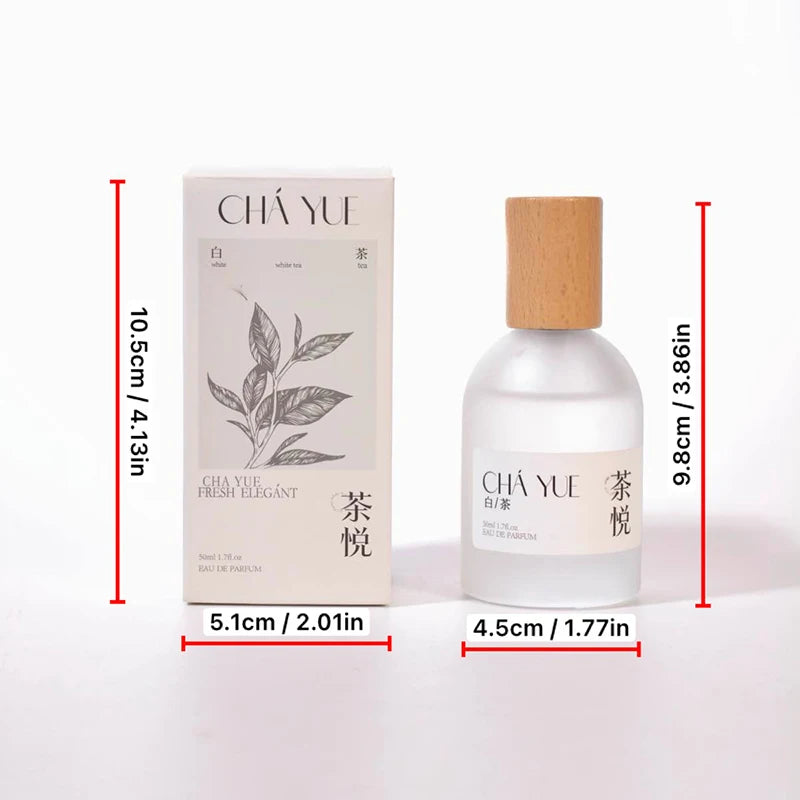 Cha Yue unisex white tea perfume bottle with wooden cap and matching tea leaf illustration box on white background.
